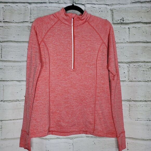Lucy Medium Pullover Top Half Zip Pink White Marled Ruched Sleeves Athletic - Picture 1 of 7